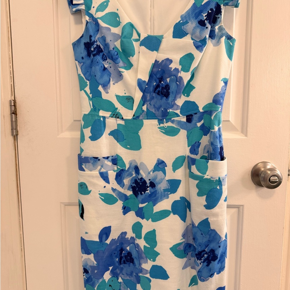 Adrianna Papell Blue and White Floral Midi Dress